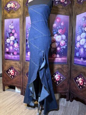 MISS8 Strapless Denim Mermaid Maxi Dress Size S Fishtail Ruffle Slit NWT